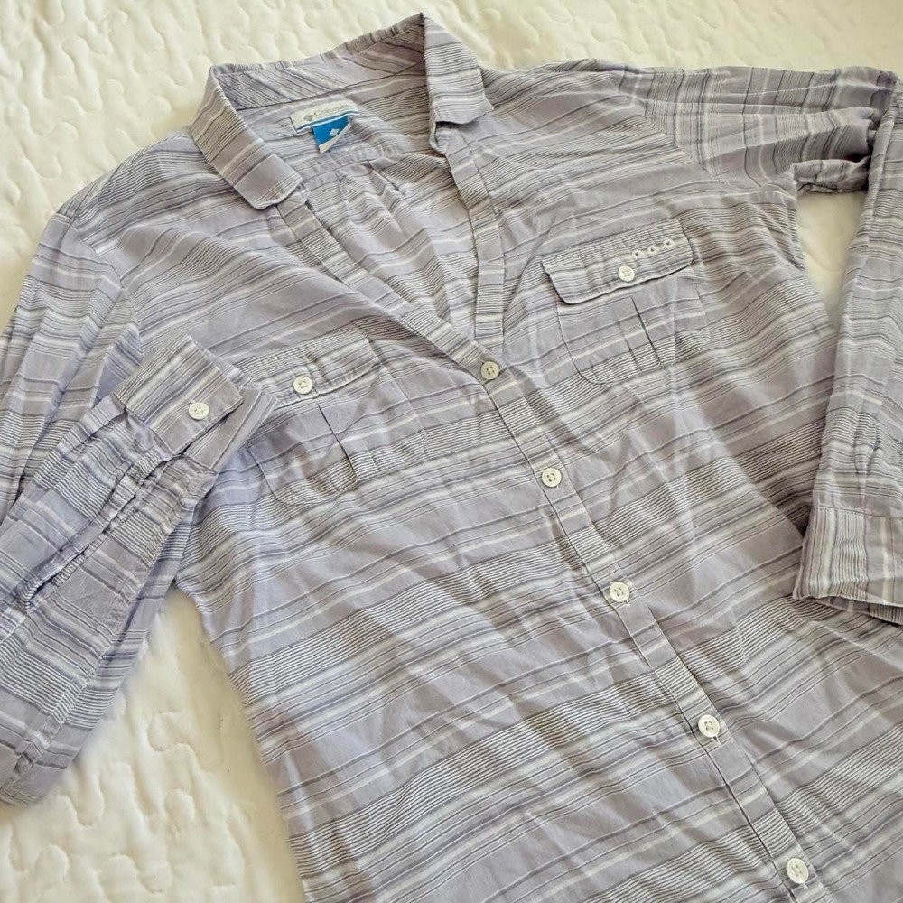 Columbia Women M PFG Fishing Shirt Purple STRIPE Long Sleeve Button Up FISHERMAN